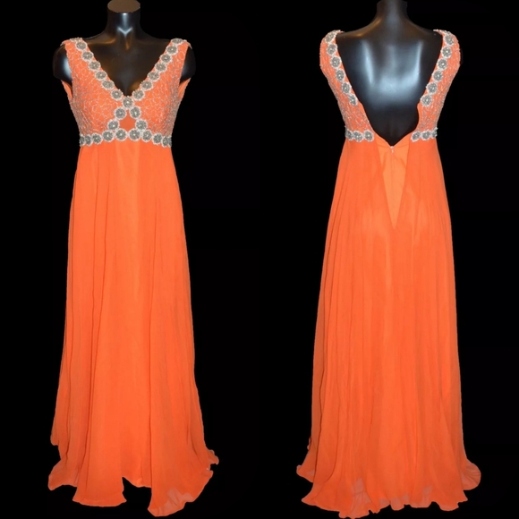 Mike Benet Vintage 1960s 70s Orange Chiffon Beaded Ball Gown Prom Dress sz 2 - Picture 1 of 1
